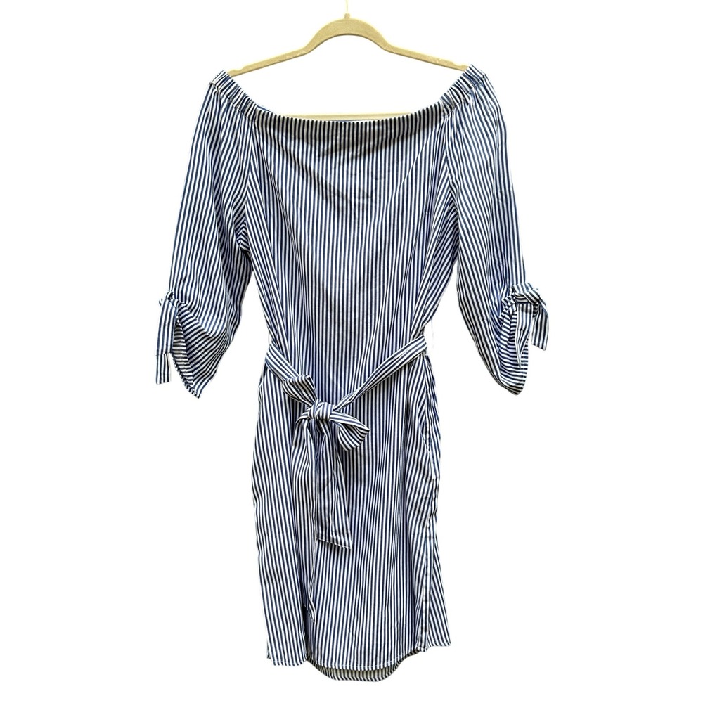 J. McLaughlin Striped‎ Off Shoulder Dress Tie Waist 3/4 Sleeve Blue M